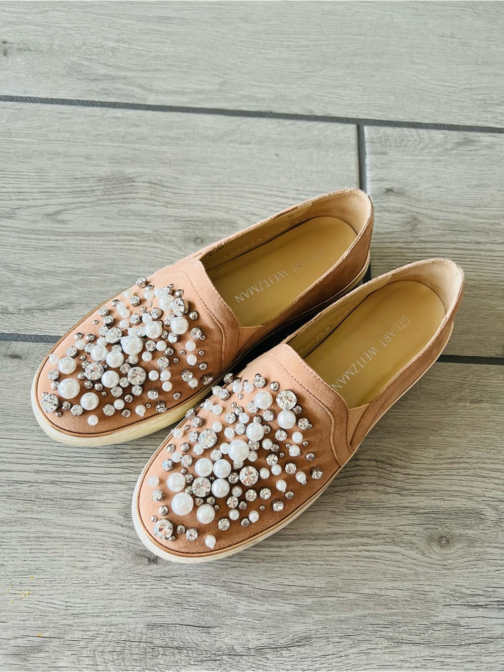 Stuart Weitzman Slip-On Platform Sneakers with Pearl & Crystal Embellishments